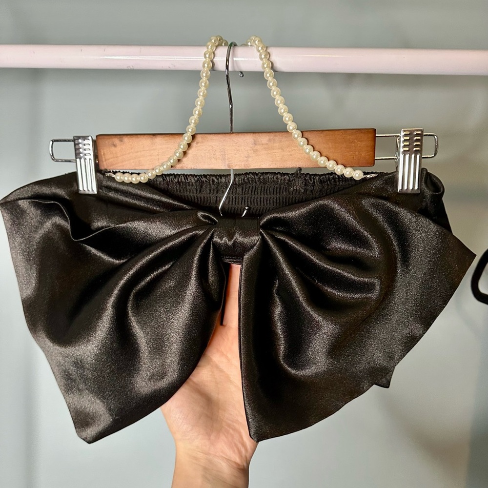SHEIN Black Satin Oversized Bow Tube Top with Pearl Strap L